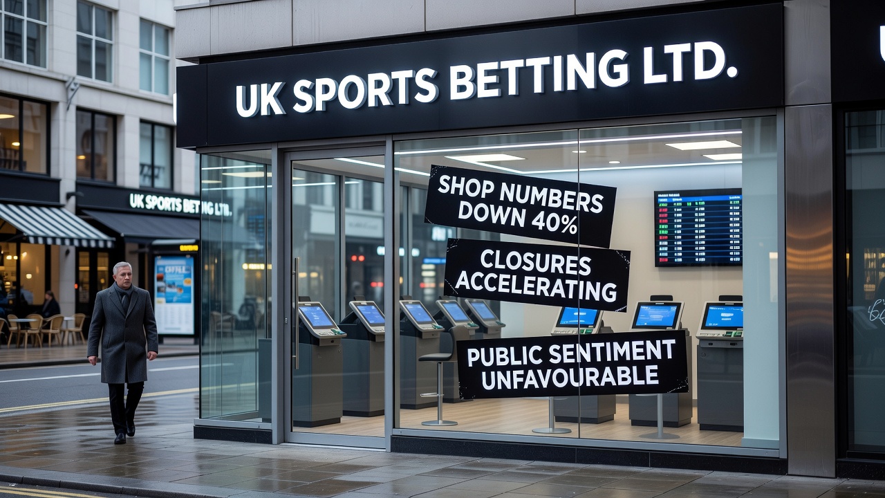 Chart displaying UK betting shop numbers declining from 2012 to 2025 alongside revenue per shop increases