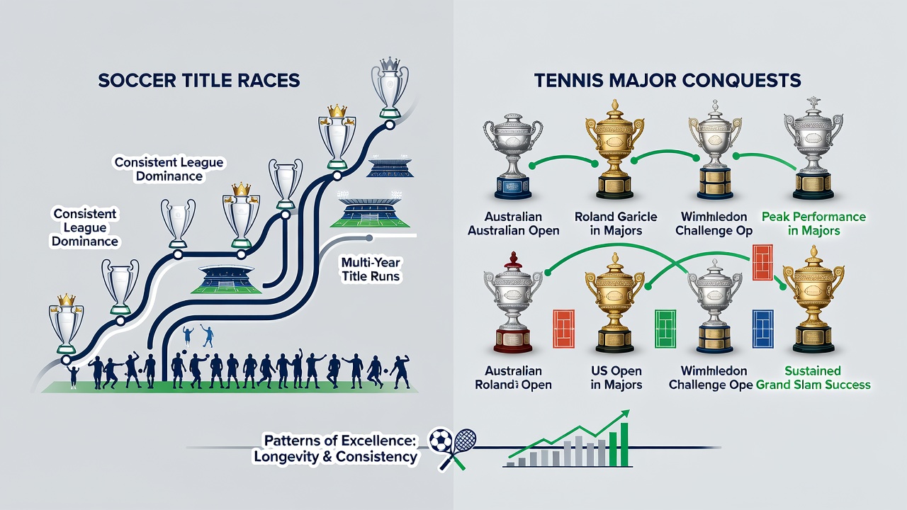 Graph illustrating overlapping periods of dominance for selected soccer clubs and tennis players from 1960 to 2025