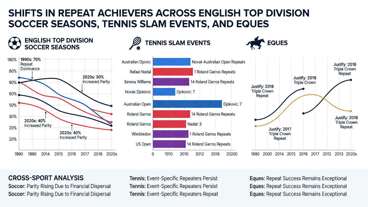 Infographic comparing repeat achievement rates across soccer leagues, tennis majors, and equestrian festivals from 1990 to 2025